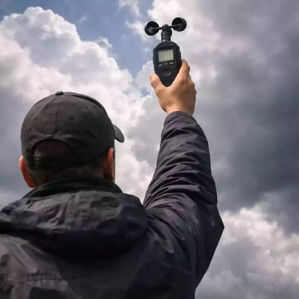 Hobbymeteorologen mit Windmesser